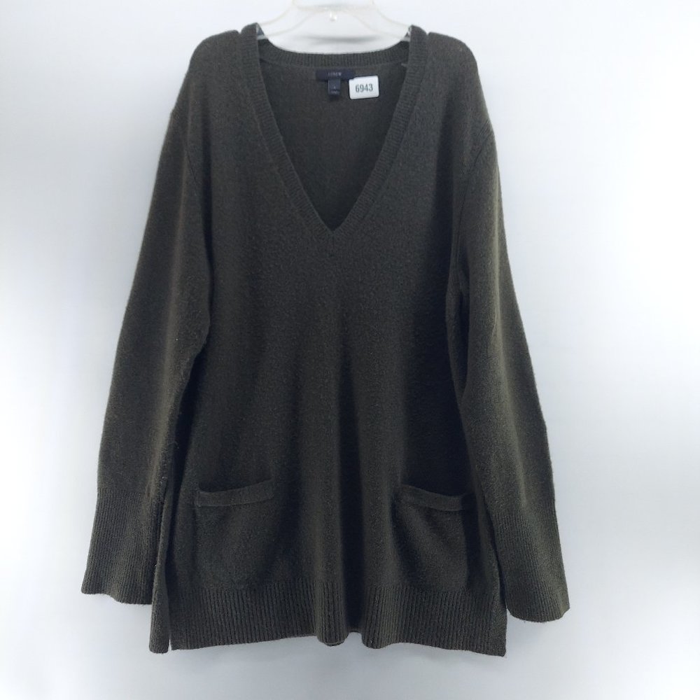 J Crew Womens Lightweight Merino Wool V-Neck Knit Sweater green  large